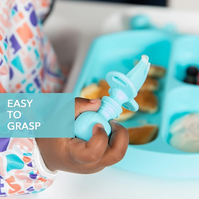 Bumkins Baby Utensils Set, Chewtensils Silicone Spoons for Dipping, Self-Feeding, Baby Led Weaning, Trainer Learning First Stage Eating, Soft Practice Fork and Spoon, Babies 6 Months, Blue