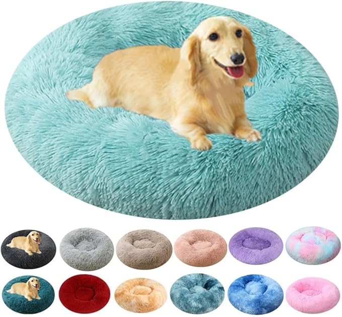 Large Calming Dog Bed, 40 Inch Anti-Anxiety Donut Dog Cuddler Cat Bed, Warming Cozy Soft Dogs Round Bed, Fluffy Faux Fur Machine Washable Pet Cushion for Medium Large Dogs & Cats (Light Green)