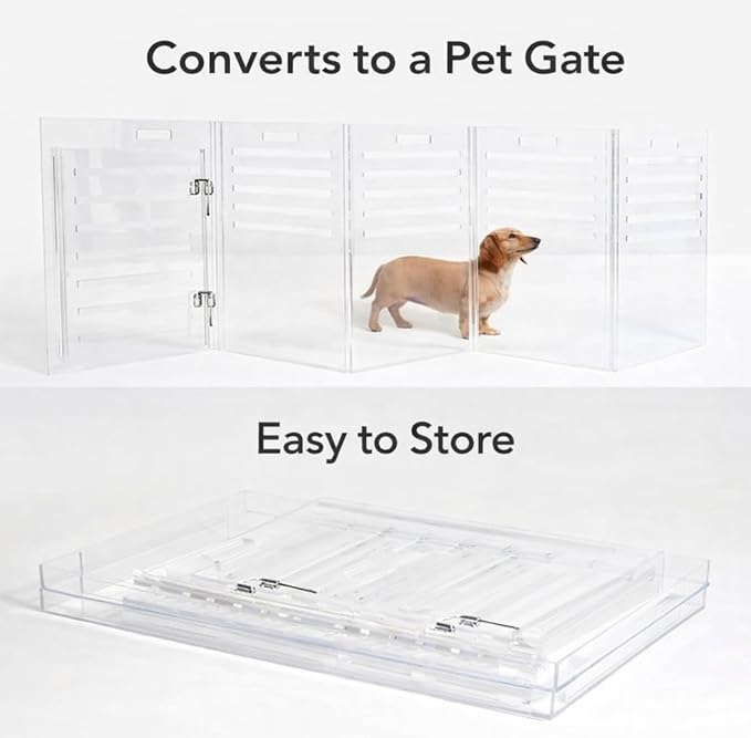 Clear Acrylic Medium Dog Crate Furniture with Blush Cushion for Medium Dogs up to 40 lbs, 3 in 1 Pet Crate and Gate, Modern Furniture Style Indoor Kennel, Dual Silver Latch, 20 x 30 x 22 in