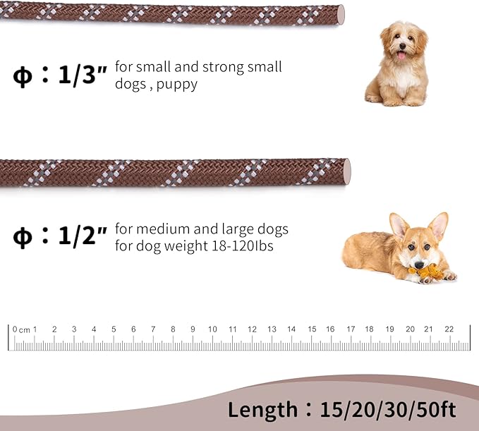 Long Dog Leash for Training 30Ft-Reflective Nylon Rope with Swivel Hook-Recall Agility Lead for Large Small Medium Dogs Outside Walking Hiking-Brown Diam 1/2"