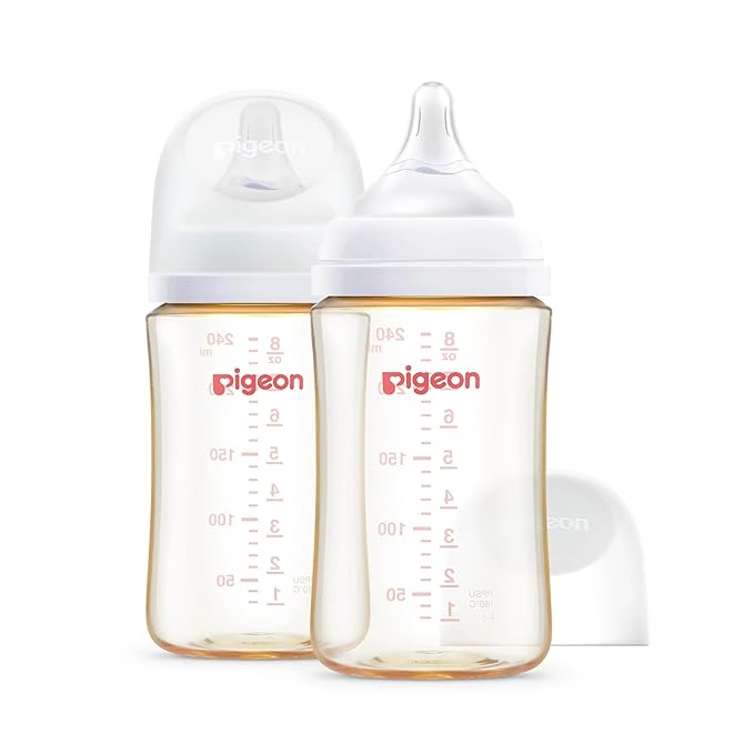 Pigeon PPSU Nursing Baby Bottle Wide Neck, Anti-Colic, Streamlined Body, Natural Feel, Easy to Clean, 8.1 Oz(Pack of 2), Includes 2pcs M Nipples (3m+)