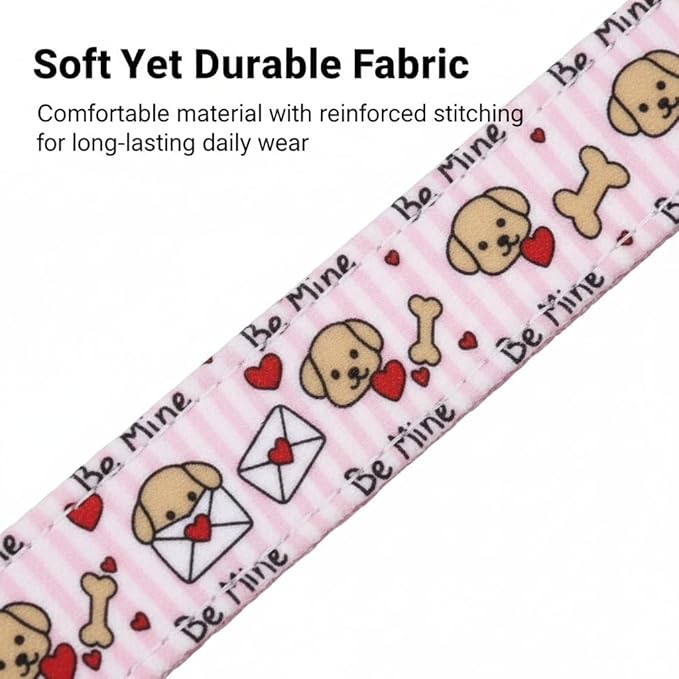 Pink Dog Collar, Girl Dog Collar with Cute Dogs and Hearts, Cute Spring Summer Food Collar with Soft & Breathable Fabric, Adjustable Pet Collar for Medium Dogs