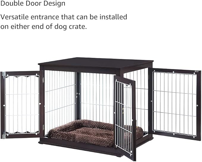 unipaws 36 Inch Furniture Style Dog Crate End Table with Cushion, Wooden Wire Pet Kennels with Double Doors, Large Dog House Indoor Use