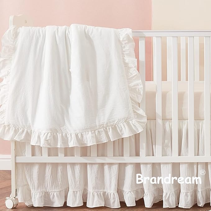 Brandream Baby Crib Bedding Set for Girls Boys Gender Neutral Boho Bohemian Farmhouse Chic Ruffle 6-Piece Nursery Bedding Set - 100% Washed Cotton Cream White