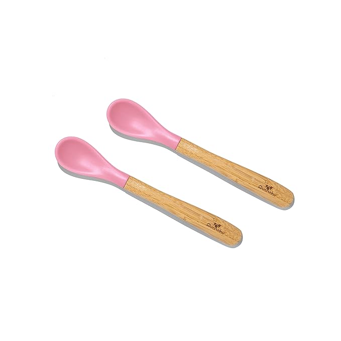 Avanchy Bamboo & Silicone Infant Training Spoons, BPA Free - Soft Tip, Easy on Gums, First Stage Feeding Utensils for Baby-Led Weaning, Self-Feeding, Pink