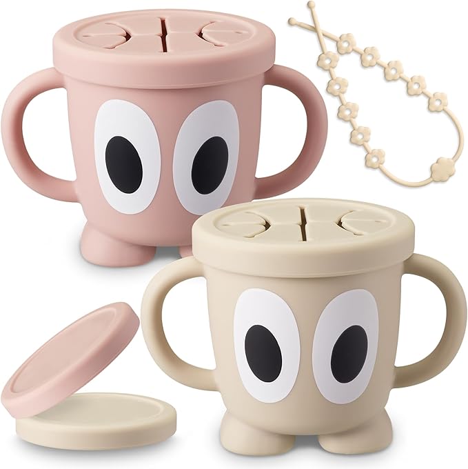 Silicone Snack Cups Food Container for Toddlers and Babies, Spill Proof Training Cup with Snack Cup Lid & Dust Proof Lid, Comes with a toy strap, Without BPA, Lead, or Phthalates (Beige & Pink)