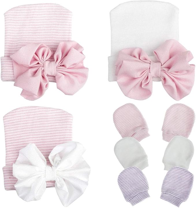 Baby Caps and Mittens Newborn Hospital Beanie Hats No Scratch Gloves Soft Babies Gift Set for Boys Girls