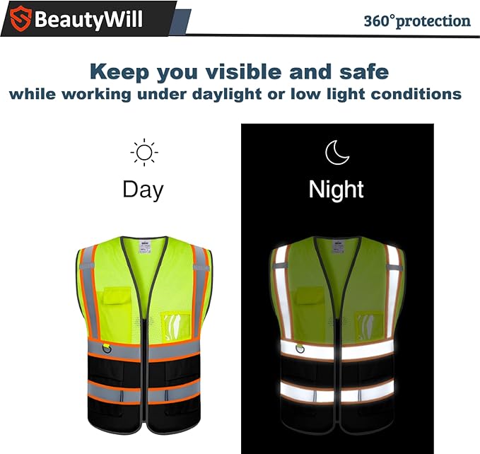 BeautyWill Custom Mesh Safety Vest Customized Logo Class 2 High Visibility Reflective Vest with Pockets Construction workwear （Yellow Black，XXL ）