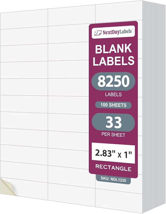 NextDayLabels - 2.83" x 1" Rectangular Sticker Labels for Printer - White Laser/Inkjet Printer Labels Return Address Labels Shipping Label Stickers (250 Sheets, 33 Per Sheet, 8250 Labels)