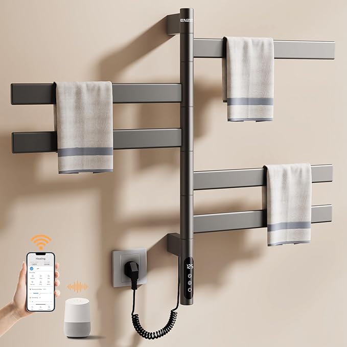 ENZE Smart Rotating Heated Towel Rack for Bathroom, Wall-Mounted Electric Towel Dryer with Swivel Bars, Smart Timer, Low Carbon Steel, IPX5, Plug-in/Hardwired, Towel Warmer with Wi-Fi App Control