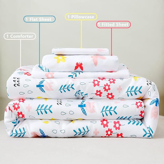 PERFEMET Girls Toddler Bedding Colorful Flower Blossom Comforter Set Butterfly Print Toddler Bedding Sets Ultra Soft Lightweight Bed-in-A-Bag for Toddlers(4 Pieces, White)