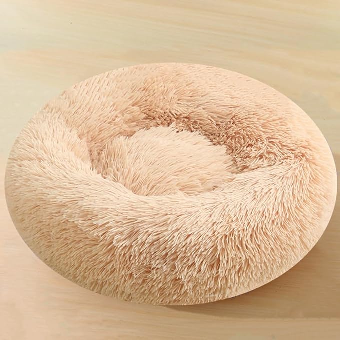 Large Calming Dog Bed, 47 Inch Anti-Anxiety Donut Dog Cuddler Cat Bed, Warming Cozy Soft Dogs Round Bed, Fluffy Faux Fur Machine Washable Pet Cushion for Medium Large Dogs & Cats (Yellow)