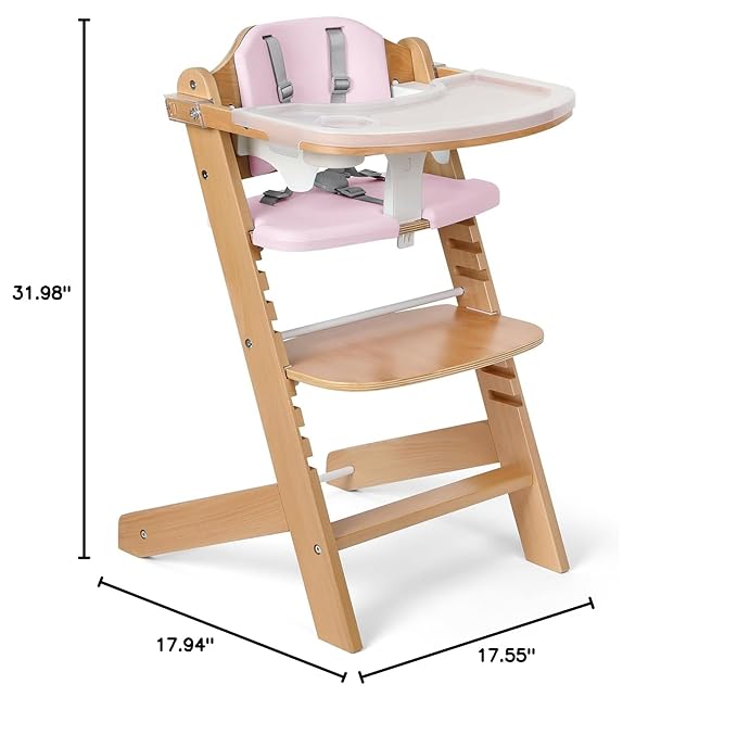 Cowiewie Natural Wooden High Chair for Babies & Toddlers 3-Tier Remove Adjustable Tray and Highchair with Cushions, Easy to Clean, Portable. (Pink)