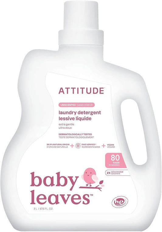ATTITUDE Baby Laundry Detergent Liquid, EWG Verified, Safe for Baby Clothes, Infant and Newborn, Vegan and Naturally Derived Washing Soap, HE Compatible, Unscented, 80 Loads, 67.6 Fl Oz