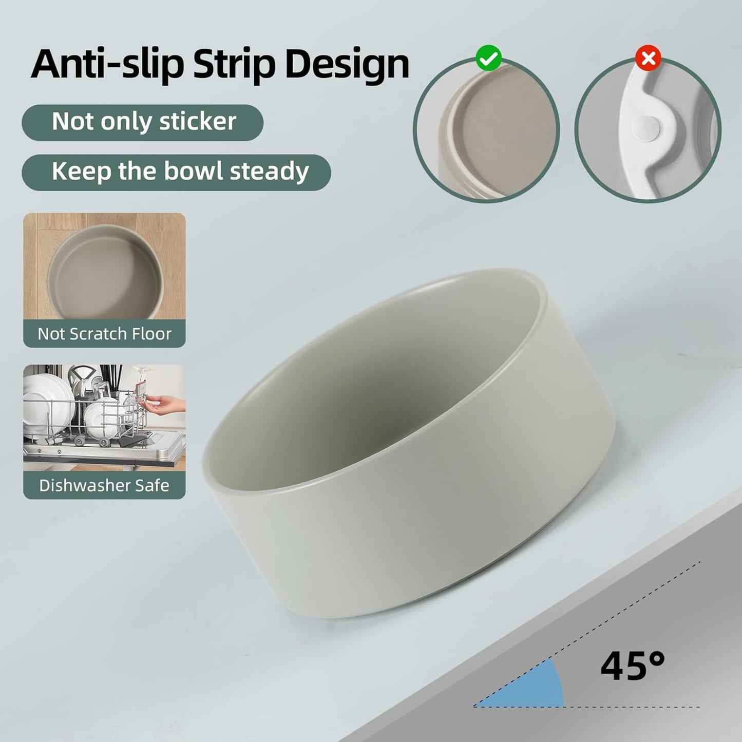 Ceramic 6.1inch Non-Slip Dog Food and Water Bowl for Small & Medium Breed Dogs,Pet Bowl for Replacement, Protects Cervical Spine (Grey)