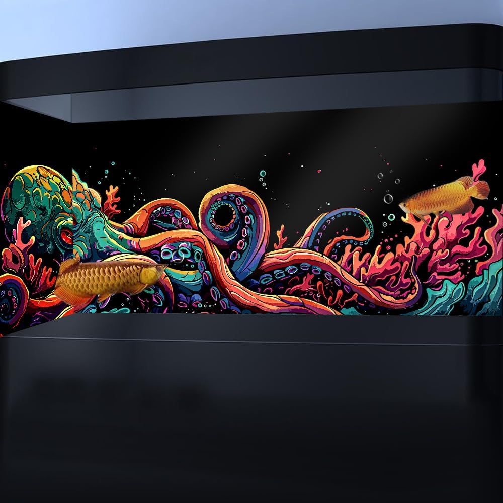48X24IN Blacklight Octopus Sea Monster HD 3D Black Light Aquarium Background UV Reactive Background Terrarium Background with 10 EVA Double-Sided Tape