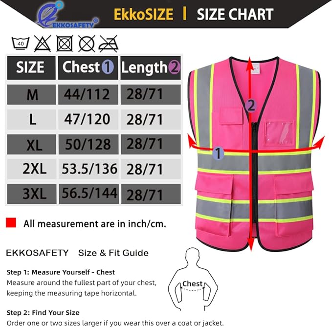 Pink High Visibility Safety Vest for Men Women with 5 Pockets and Zipper Hi Vis Construction Work Vest with Reflective Strips,Meets ANSI/ISEA Standards(EK175-Pink-2XL)
