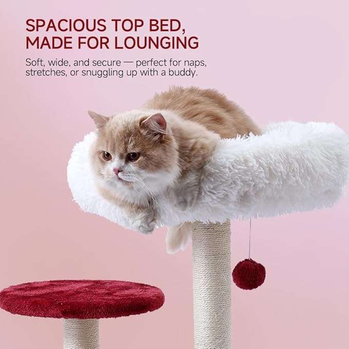 Cat Tree, 37.4-Inch Cat Tower with Plush Cozy Perch for Indoor Cats, Sturdy Tower with Fully Sisal-Wrapped Columns and Plush Toy Ball for Kitty Play, Red