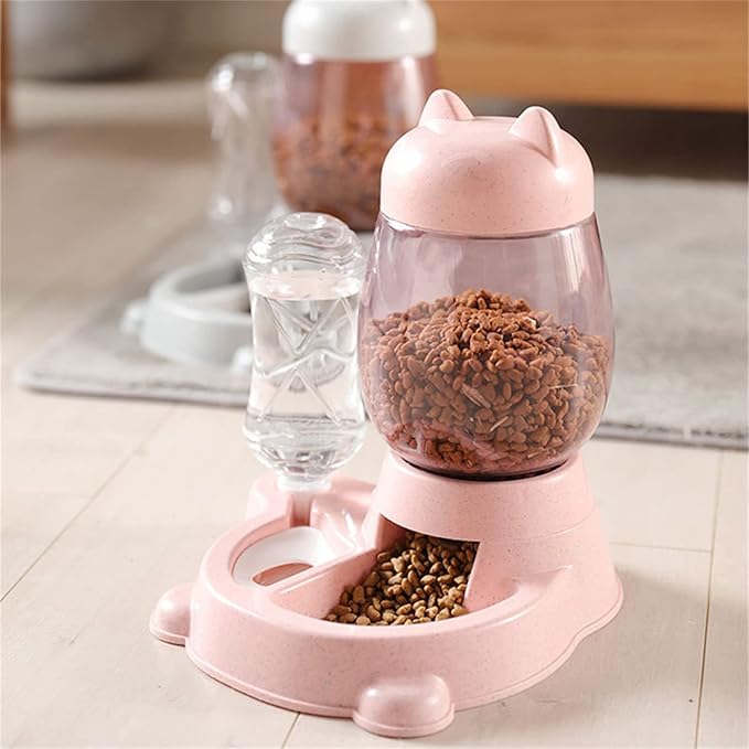 Automatic Cat & Dog Feeder Set, Self-Dispensing Food & Water Dispenser, Large Capacity (Pink)
