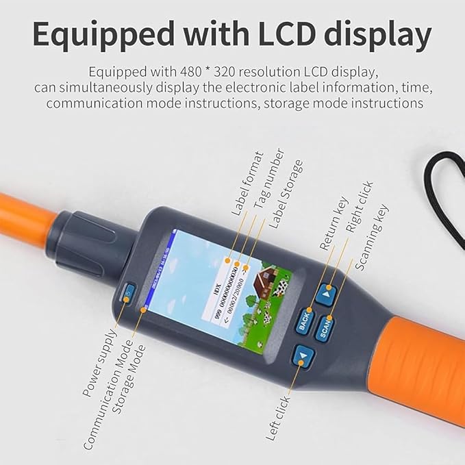 Pet Microchip Scanner Reader, Handheld Universal RFID Tag Identifier Animal Ear Tag Stick Scanner with Bright 480x320 LCD Display, Store Up to 20000 Datas,for FDX-B, FDX-A, HDX ISO11784/85