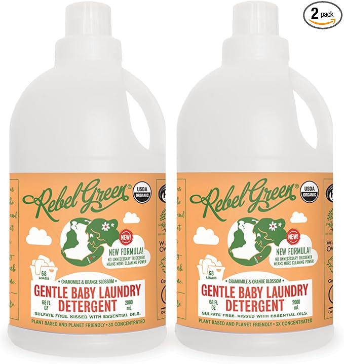 Rebel Green Organic Baby Laundry Detergent - Natural Laundry Soap - Liquid Laundry Detergent - Gentle Laundry Detergent - Chamomile & Orange Blossom Scent - (68 Load Bottles, 2 Pack)