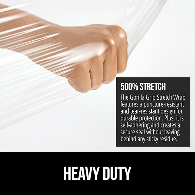 GORILLA GRIP 500% Stretch Film Heavy Duty Plastic, 1200ft Shrink Wrap Roll 17" Puncture Resistant, Industrial Strength for Shipping, Pallet Storing, Moving, Packing Furniture Protection 1 Pack Clear