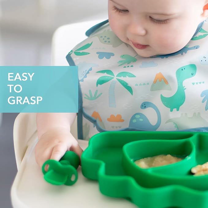 Bumkins Baby Utensils Set, Chewtensils Silicone Spoons for Dipping, Self-Feeding, Baby Led Weaning, Trainer Learning, First Stage Eating, Soft Practice Fork and Spoon, Babies 6 Months, Jade Green