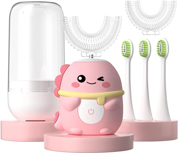 Kids Electric Toothbrush U Shaped Toddler Auto Sonic Toothbrushes with 5 Brush Head,Cartoon Dinosaur Ultrasonic Toothbrushes for Children 2-12 Years,360° Full Mouth Cleaning Automatic