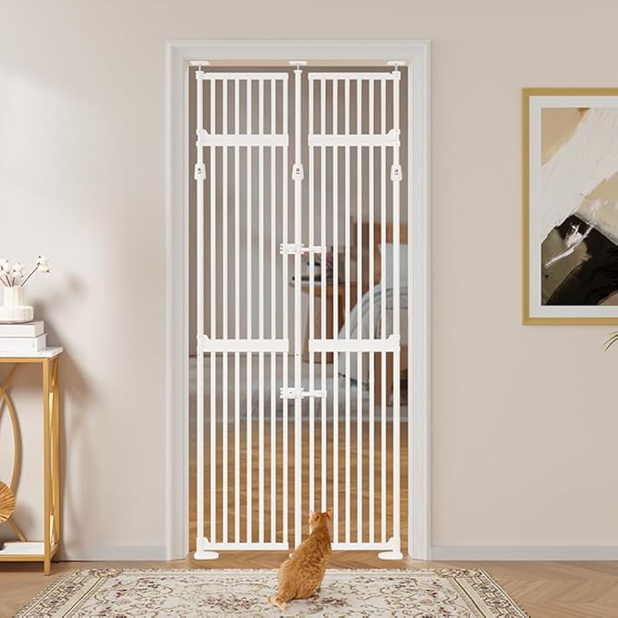 unipaws 86" High Extra Tall Cat Gate, Auto Closing and No Drilling Safety Gate for Doorway Hallway Stairs, Cat Dog Proof, Fit for 35"-38" Wide Opening, Indoor Use, White