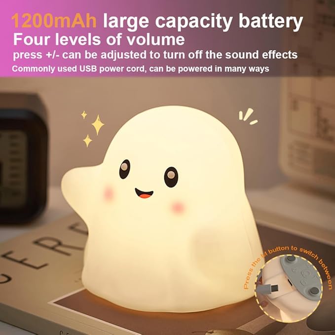 Ghost Night Light for Kids, Silicone Nursery Nightlight with 13 Interactive Sound Effects ,Halloween Decor Lamp Adjustable Dimmable Lamp with Touch Sensor Children's Christmas Gifts (white ghost)