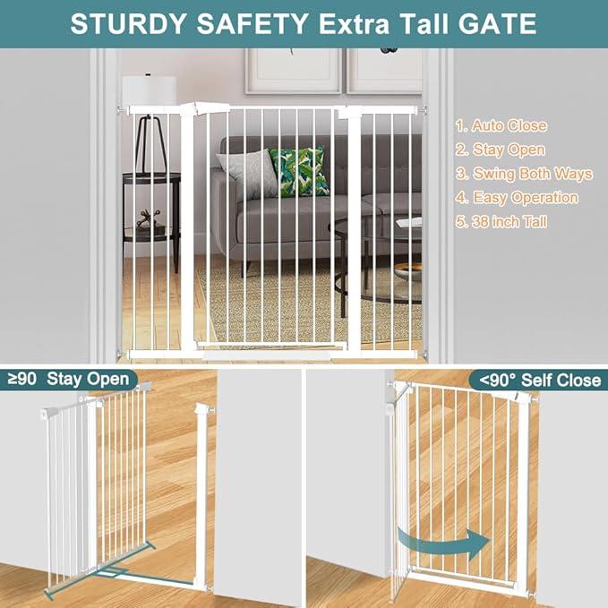 Fairy Baby 38" Extra Tall Pet Gate for Stairs,70.9"-76.3" Extra Wide Long Dog Gate for The House, Metal Auto Close Pressure Mounted Safety Child Gate, Tension Baby Gate Fence Barrier No Climb, White
