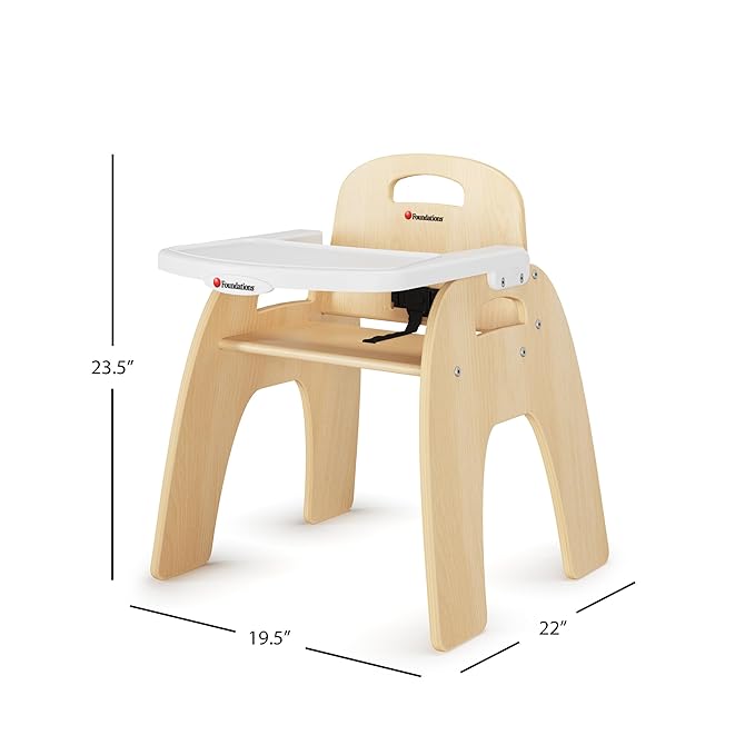 Foundations Easy Serve Low Wood Feeding Chairs Multipack, Adjustable Harness, Removable Dishwasher Safe Tray, No-Tip Base, Stackable Toddler Chairs, 2 Pack (13 inch)