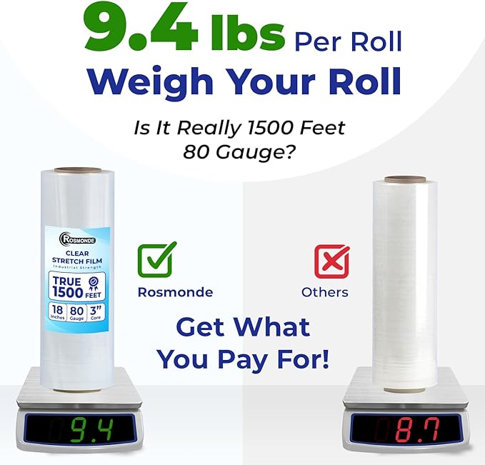 Rosmonde 18" Plastic Wrap for Moving, 20 Pack, 18" x 1500 ft Shrink Wrap, 80 Guage Thick, 9.4 lbs/Roll, Premium Shrink Wrap Roll, Hand Bulk Stretch Wrap, Heavy Duty Stretch Film for Moving & Pallets