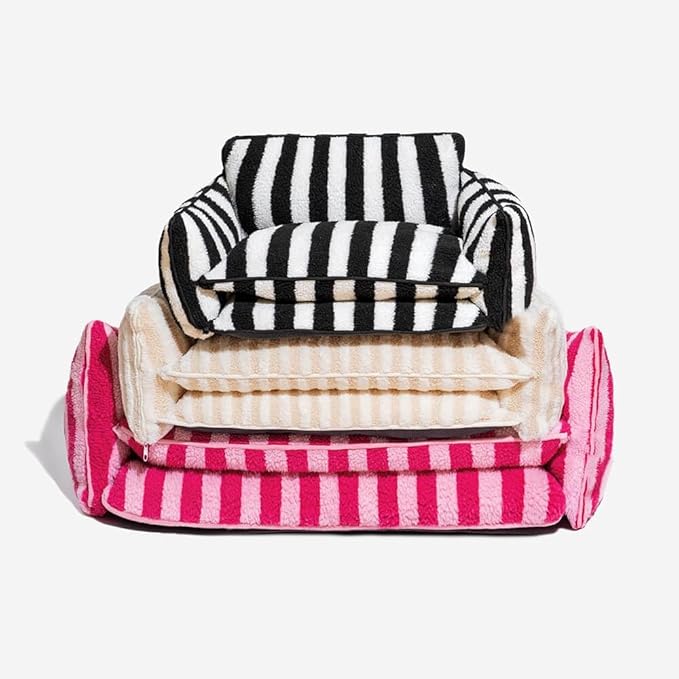 Lazy Holiday Plush Cozy Dog & Cat Sofa Bed, Teddy Velvet Dog Bed, Trendy Striped Faux Lambswool Double Layer Dog & Cat Sofa Bed Dogs Sleeping Mat for Medium Small Dogs & Cats (Beige,L)