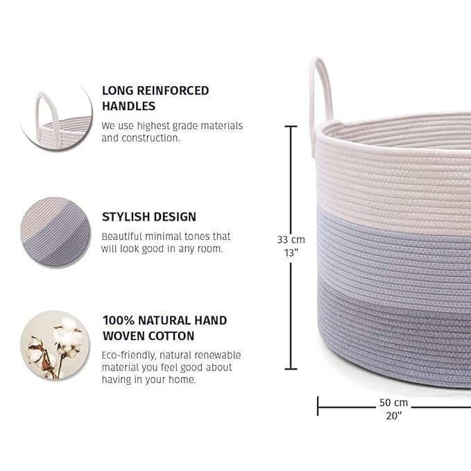 OrganiHaus Large Laundry Basket, Woven Cotton Rope Basket for Blankets, Toy Storage, Nursery Hamper, Living Room Decor Organizer, Soft & Durable Hamper with Handles, 20x13 inches - Gray