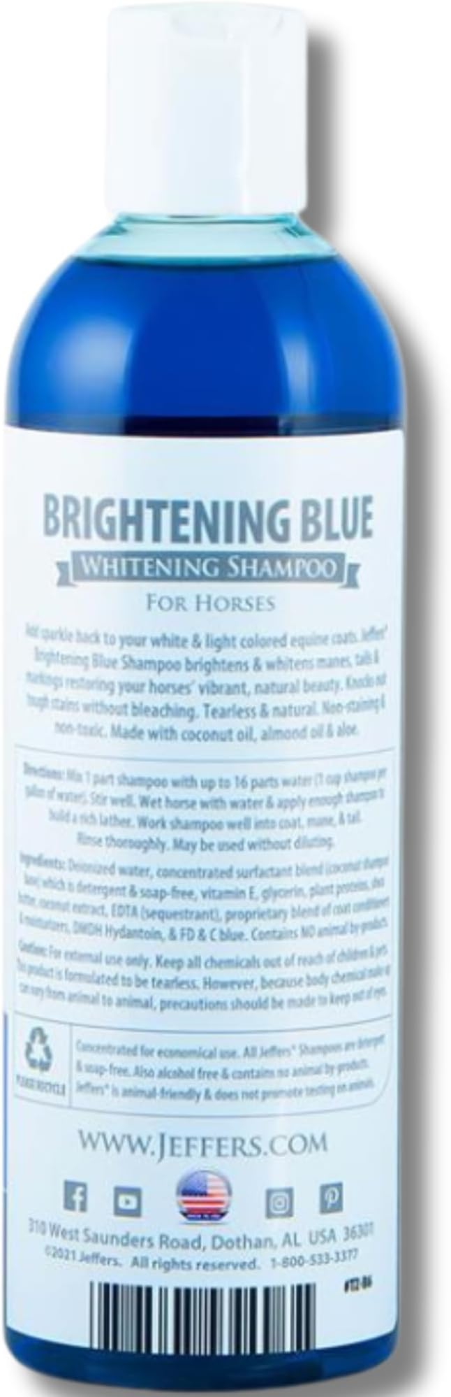Jeffers Equine Brightening Blue Shampoo for Horses, 32 oz – Enhanced Whitening & Stain Remover, Coconut Oil, Aloe, Gentle Grooming, Detergent - Free, Enhances Coat Shine, Mane & Tail Care