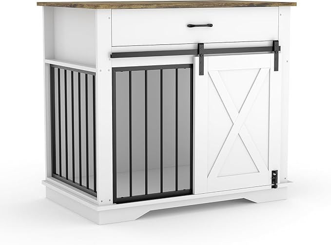 37 Inch Dog Crate Furniture with Double Doors, Modern Farmhouse Indoor Kennel for Small to Medium Dogs, Dual Drawer Storage Table, Media Console TV Stand and Sideboard