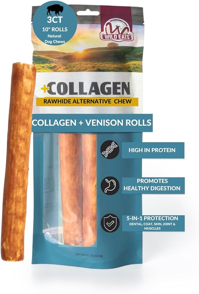 Wild Eats Water Buffalo Flavor Collagen Retriever Style Cheek Rolls 10" Dog Chews-3 Pack (Long Lasting Dog Chews Treats & Bones for Medium Dogs) Substitute for Pig Ears for Dogs