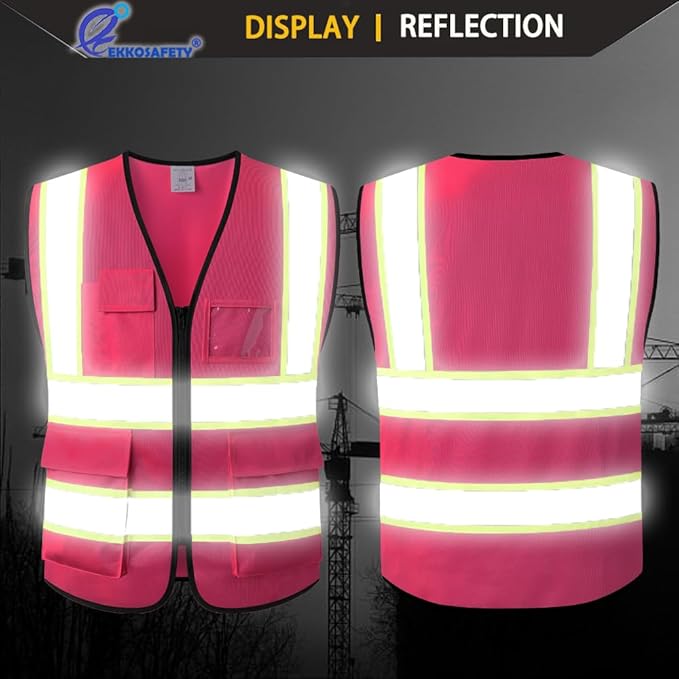 Pink High Visibility Safety Vest for Men Women with 5 Pockets and Zipper Hi Vis Construction Work Vest with Reflective Strips,Meets ANSI/ISEA Standards(EK175-Pink-2XL)
