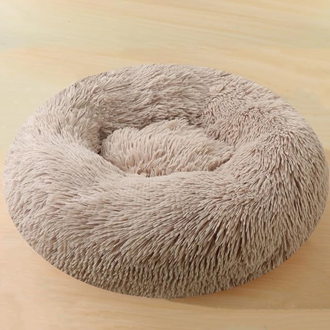 Large Calming Dog Bed, 40 Inch Anti-Anxiety Donut Dog Cuddler Cat Bed, Warming Cozy Soft Dogs Round Bed, Fluffy Faux Fur Machine Washable Pet Cushion for Medium Large Dogs & Cats (Khaki)