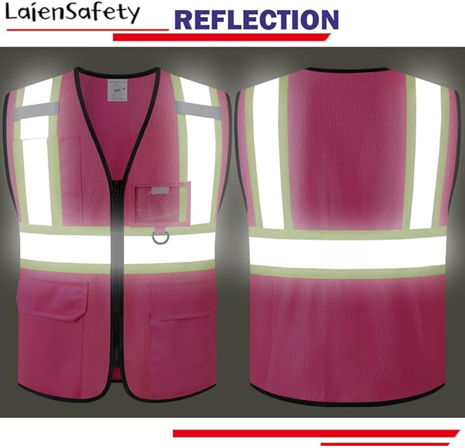 Safety Vest for Men Women Reflective with Multiple Pockets Mesh High Visibility Construction Work Vest,Meets ANSI/ISEA Standards(EK1-178-Pink-L)