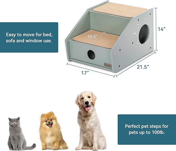 Petsfit Wooden 2 Cat Stairs for Dogs/Cats/Elderly Pets, Non-Slip Dog Steps for High Beds/Couch/Sofa, Green(21x17x14 inch)