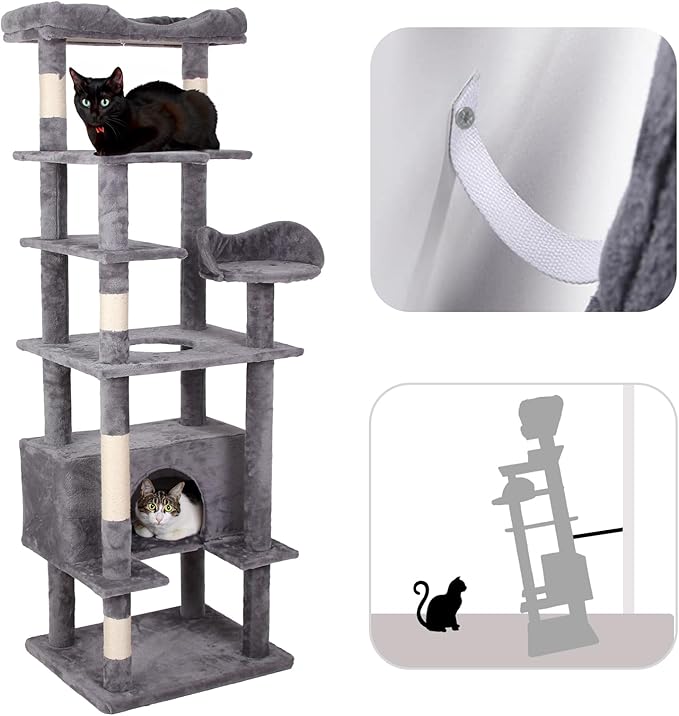 71'' Velvet Cat Climbing Frame, Multi-Level Cats Tree Tower with Scratching Posts, Large Top Padded Perch and Playhouse, Anti-Tipping Devices for Indoor Cats Activity Center (Antique Gray)
