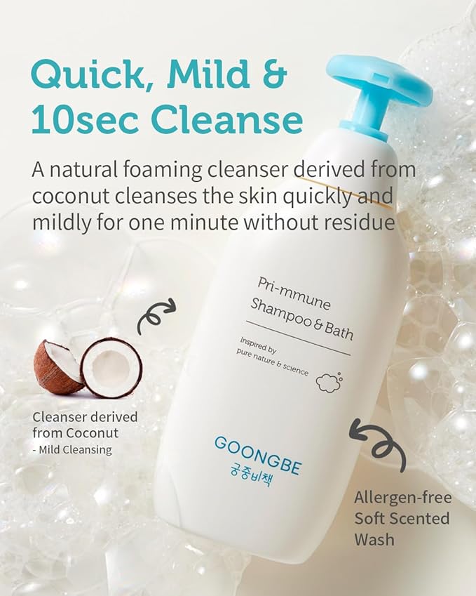 Pri-mmune Shampoo & Bath - Korean Baby Wash - Hypoallergenic Head to Toe Cleanser - Paraben-Free Formula For Sensitive Hair & Skin, 11.8 fl.oz.
