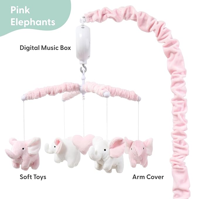 The Peanutshell Crib Mobile for Girls - Soft Pink Musical Baby Crib Mobile with 12 Lullabies, Cute Elephant Baby Pink Elephant Nursery Decor