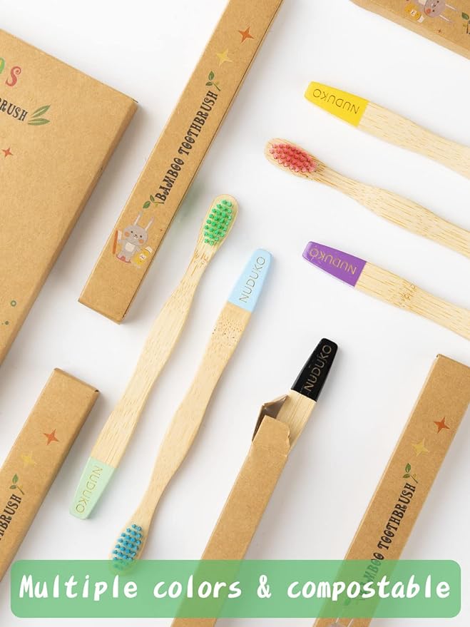 Bamboo Kids Toothbrushes (6 Pack) - Soft Bristle Organic Compostable BPA Free Toothbrush for Kids Toddler Baby Tooth Brush, Eco Friendly Natural Biodegradable Wooden Toothbrush