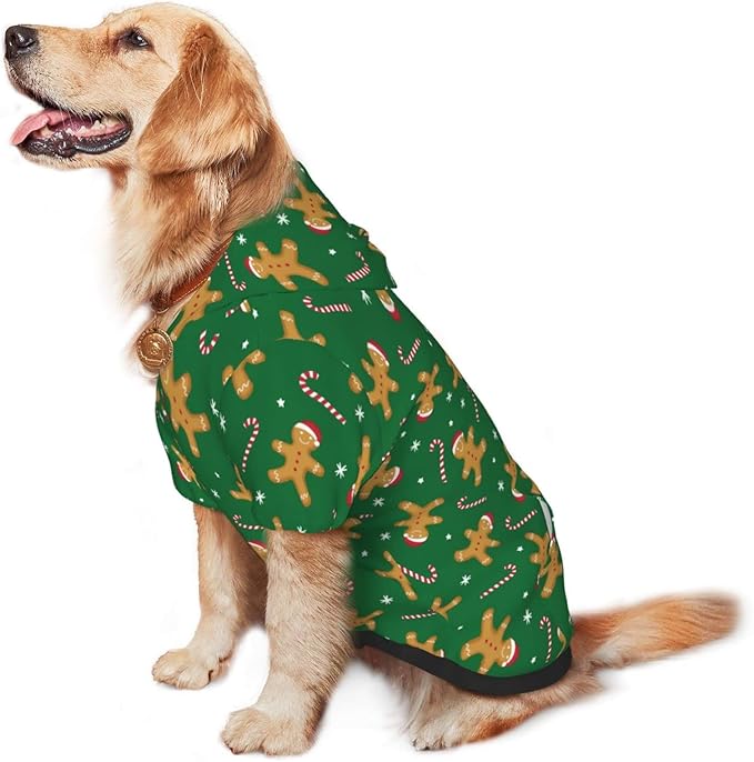 Green Christmas Gingerbread Men Candies Hoodie,Christmas Cosplay Dog Clothes with Pocket and Hat Winter Clothes Sweaters Xx-Large