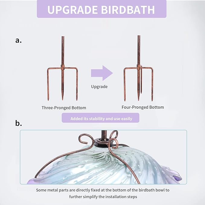 MUMTOP Glass Bird Baths for Outdoors, Garden Bird Bath Bowl with Metal Stake Birdbaths for Outside Yard Outdoor, Purple