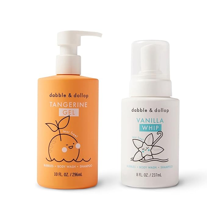 Dabble & Dollop Tangerine + Vanilla Body Wash & Shampoo – 3-in-1 Natural Bubble Bath for Kids, Made in USA, No Parabens or Sulfates, Vegan, Gluten-Free, Tear-Free (2-Pack)