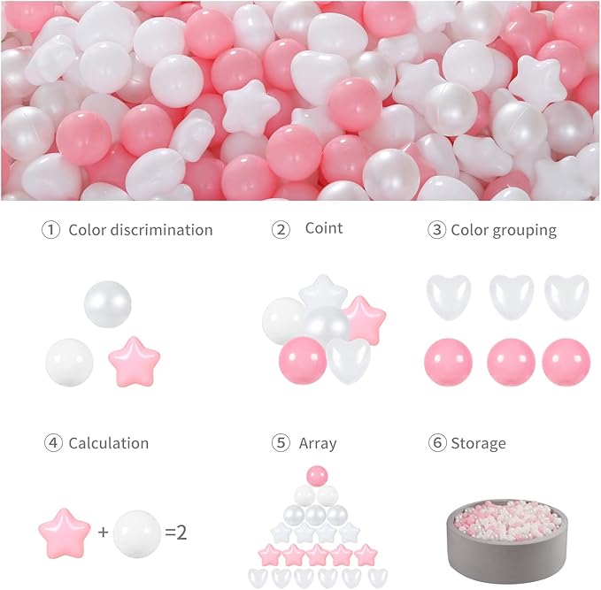 GOGOSO Pink Ball Pit Balls with Star Bals Heart Balls 100 - Crushproof Plasticballs for Babies Toddlers Kids Children for 1 2 3 4 5 Years Old,5 Colors,2.15inches